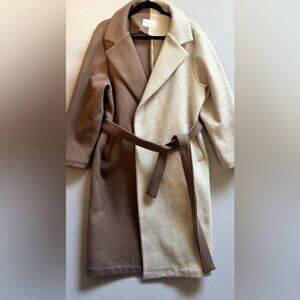 Oak + Fort 2 neutral tone wool blend belted trench jacket coat Sz O/S